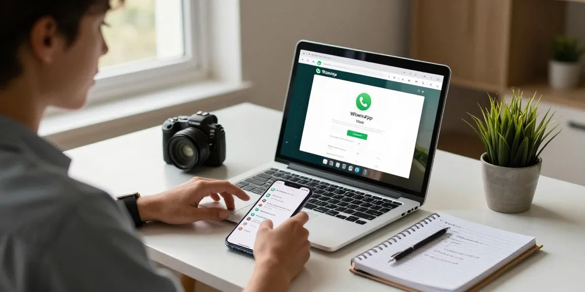 在现代家庭办公室中使用WhatsApp Web进行消息交流，配有笔记本电脑和智能手机。