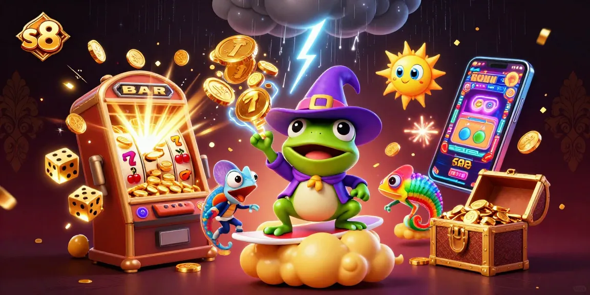 Engage in S8's thrilling casino adventures with vibrant 3D illustrations of magical characters and jackpot excitement.