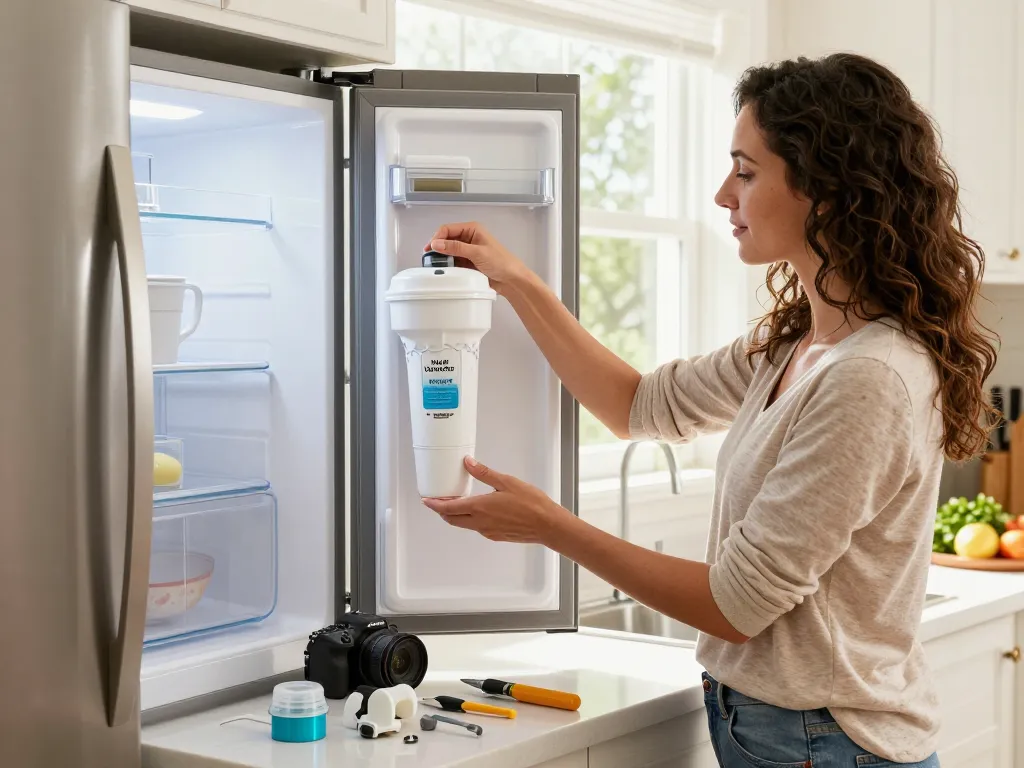 Replacing the water filter with Waterdrop Replacement for GE® RPWFE® in a bright home kitchen.