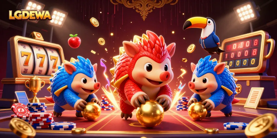 Experience the thrill of LGODEWA with colorful pangolins, trophy celebrations, and golden casino elements.