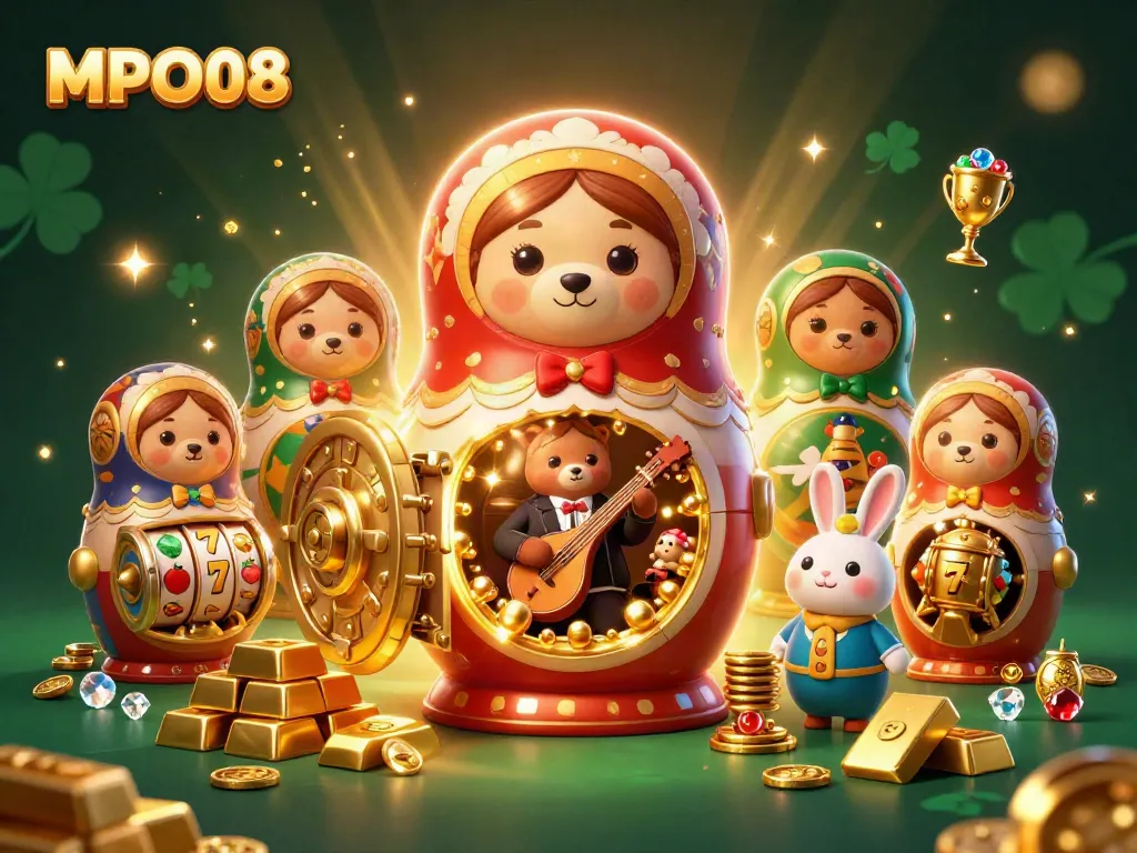 MPO08 captures the thrill of gaming with a vibrant 3D scene filled with characters and casino elements.