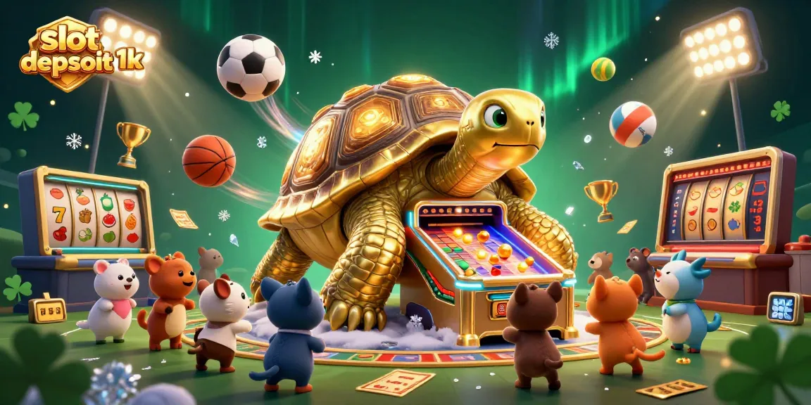 Experience the excitement of slot depsoit 1k with a lively casino scene featuring a colossal tortoise pinball machine.
