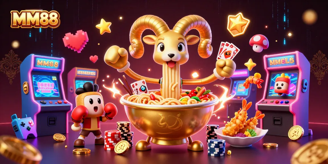 MM88 features a joyful scene with a golden ramen bowl dealer and vibrant casino elements.