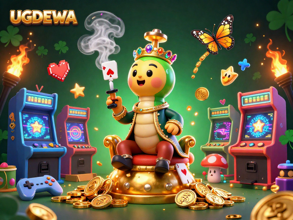 Engage with UGDEWA's vibrant 3D casino illustration showcasing dynamic characters and game elements.