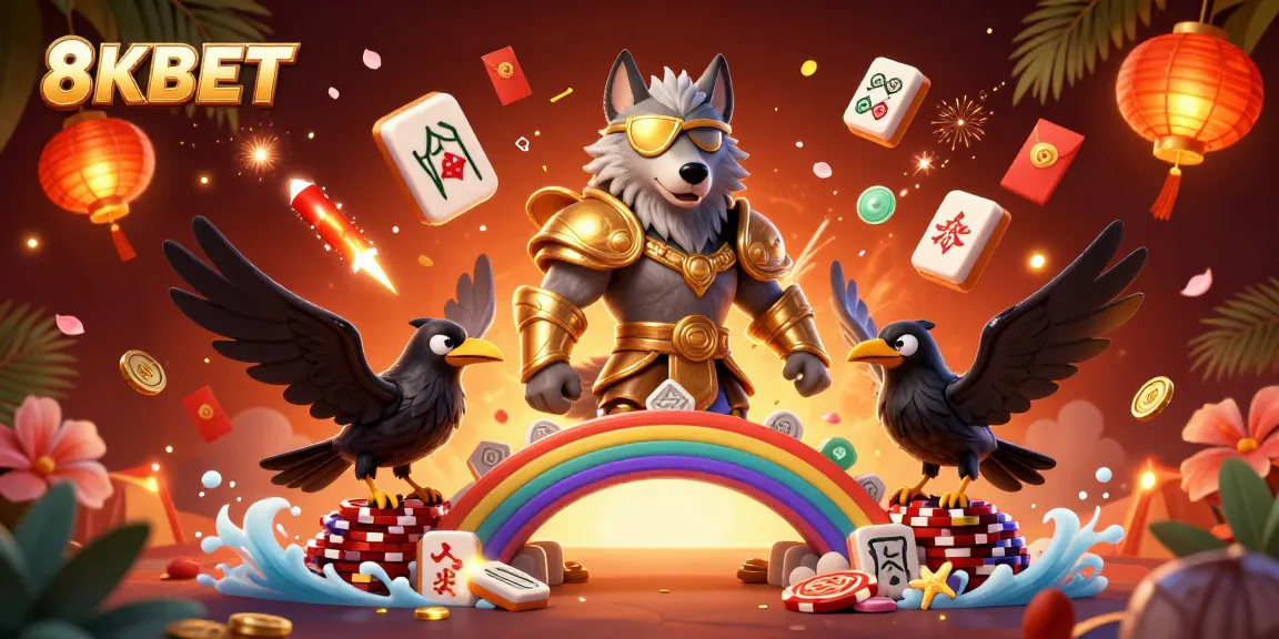 Engage with 8KBET's vibrant gaming experience featuring an Odin wolf and ravens amid casino elements.