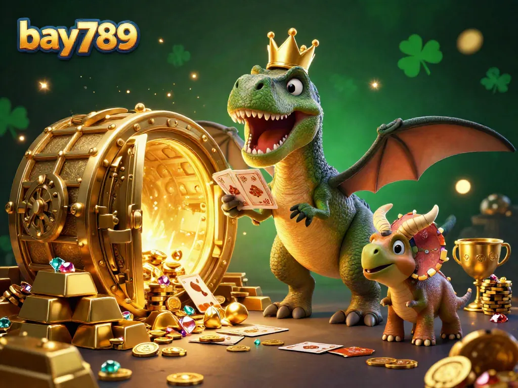 Experience exhilaration with bay789 as a friendly T-Rex and pterodactyl deal cards in a vibrant casino scene!