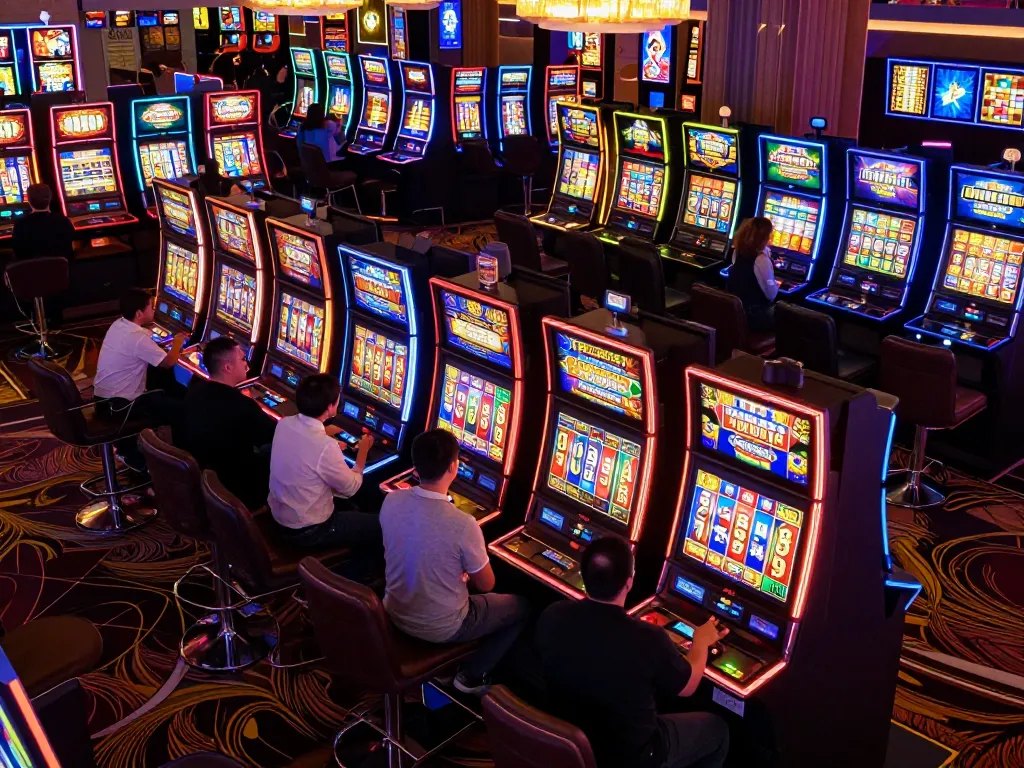 Players celebrating winning spins at a vibrant slot machine area highlighting the excitement of slot bet 400.