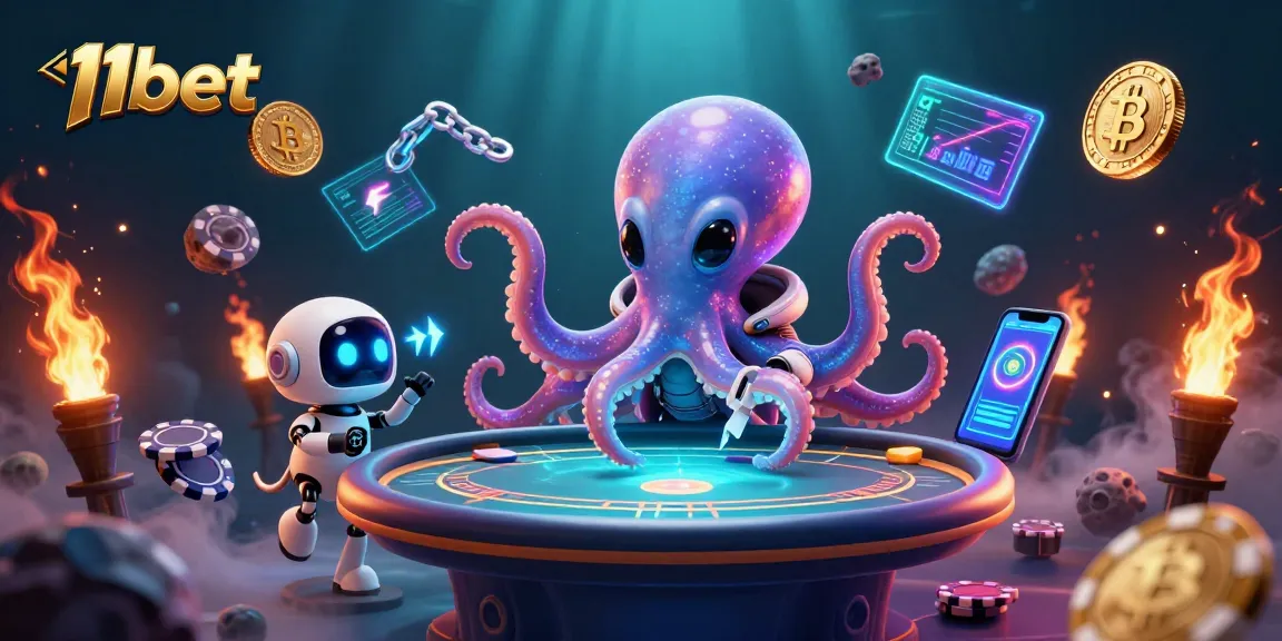 Experience the thrill of 11bet with an exciting poker scene featuring an alien octopus and crypto elements.
