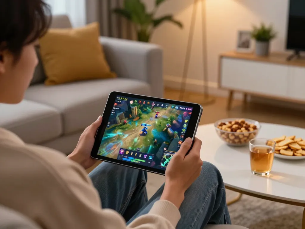 Engaging in a dynamic GAME ONLINE session on a tablet, showcasing immersive graphics and a cozy home atmosphere.
