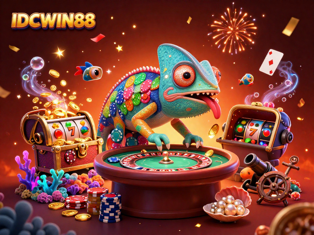 Experience the thrill of gaming at IDCWIN88 with a vibrant 3D chameleon casino owner and dynamic gameplay elements.