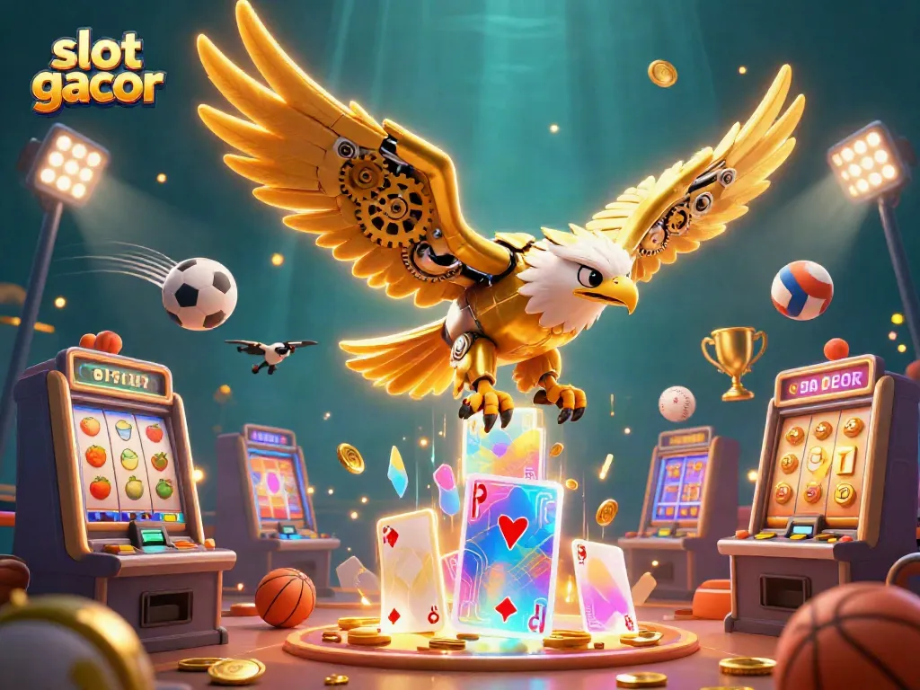 Experience the excitement of 'slot gacor' as a golden cybernetic eagle dives through vibrant casino elements.