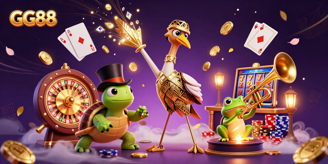 Win with GG88 at an exciting casino scene filled with gold coins and vibrant characters.