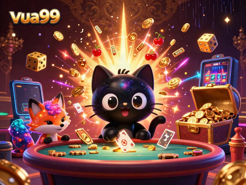 Experience the excitement of the cosmic casino with vua99, featuring a black hole cat and a nebula fox amidst vibrant game elements.