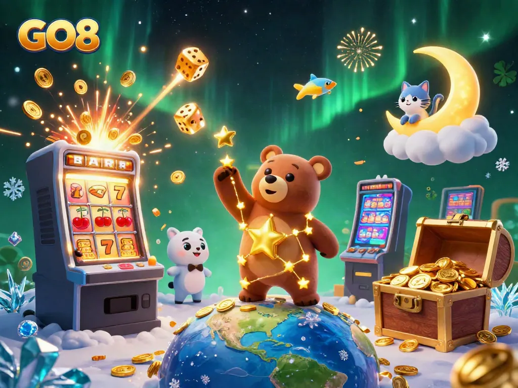 GO8's constellation bear character scooping coins with vibrant casino elements integrated in dynamic illustration.