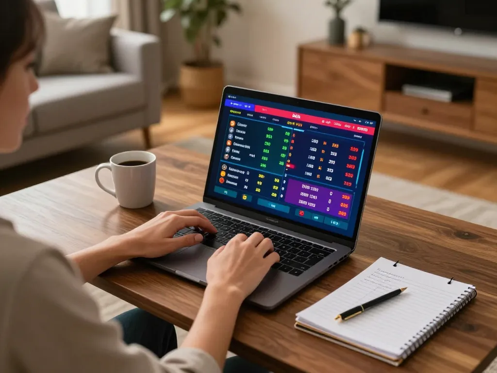 Person using online platform for kèo nhà cái hôm nay, highlighting strategic betting choices in a cozy home.