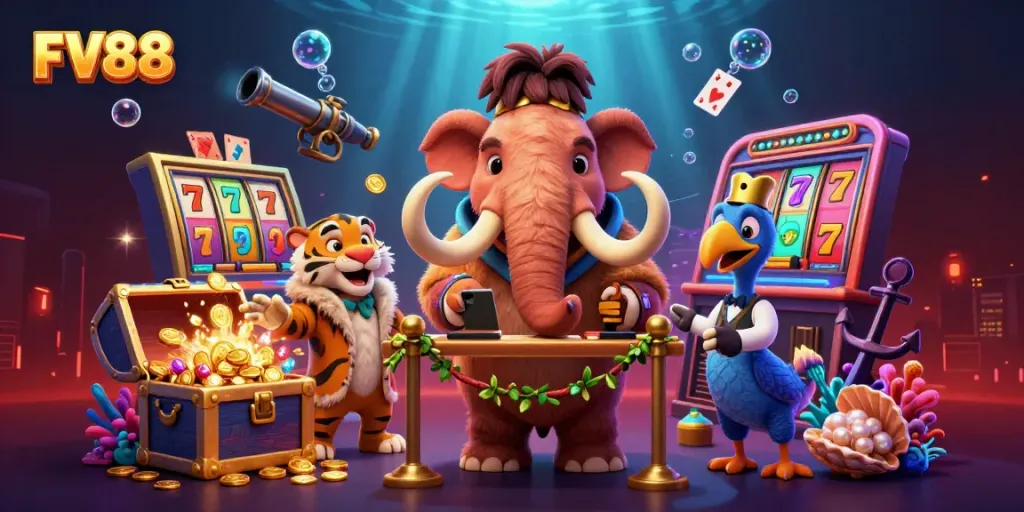 Experience the excitement of FV88 with cartoon characters in a vibrant casino setting.