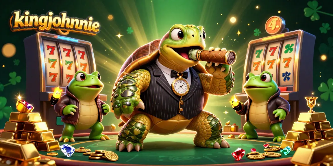 Spin the reels with kingjohnnie in an exciting casino scene featuring a turtle and frogs.