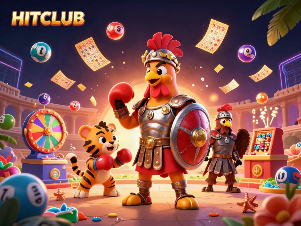 Engaging HITCLUB scene featuring a gladiator rooster and colorful lottery elements in a vibrant casino-themed arena.