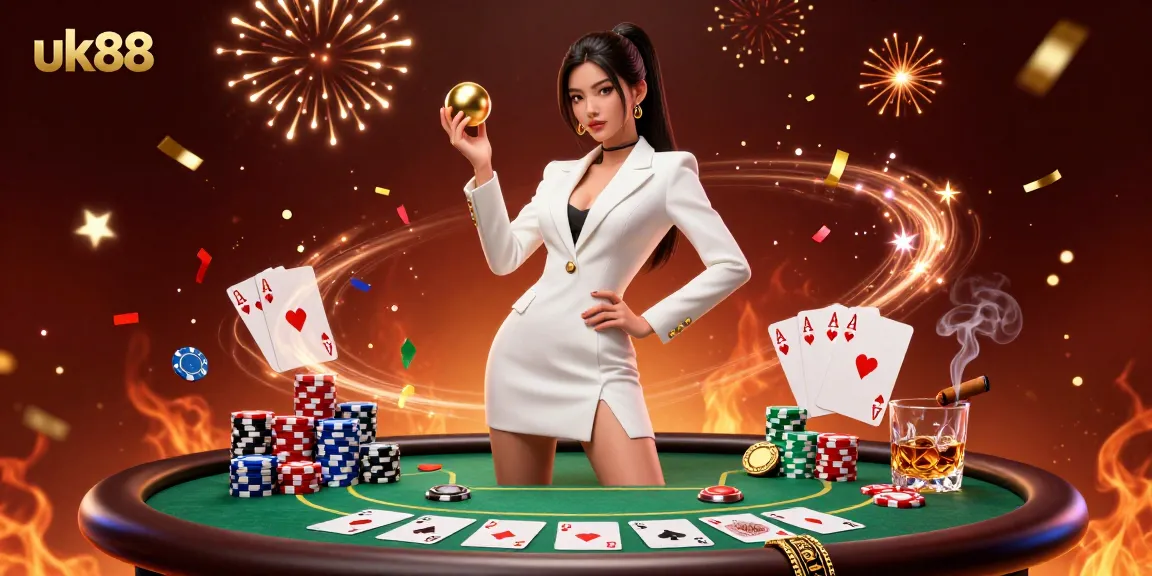 Engage with uk88 by winning at a stylish casino scene filled with vibrant gaming elements.