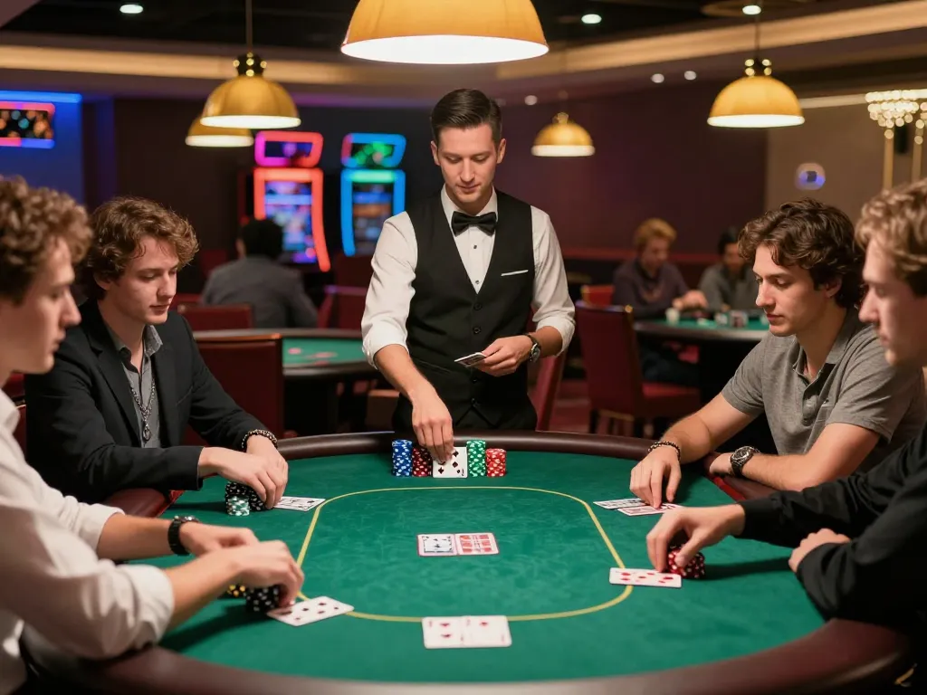 Players enjoy a strategic poker game at 8kbet's elegant casino table with stacked chips.