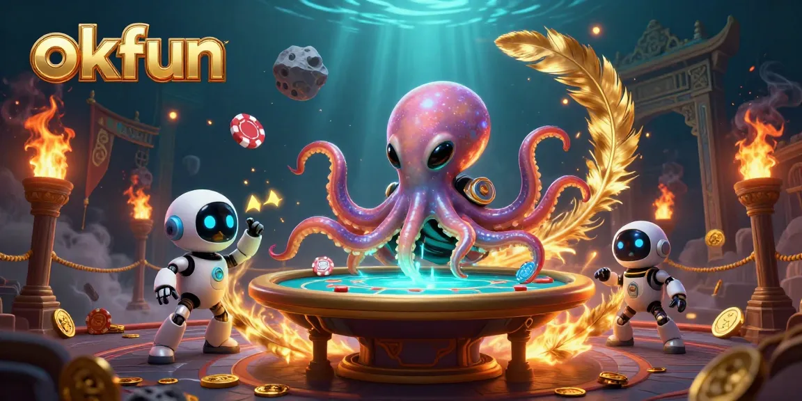 okfun celebrates high-stakes poker with an animated alien octopus hosting a mesmerizing gambling scene.