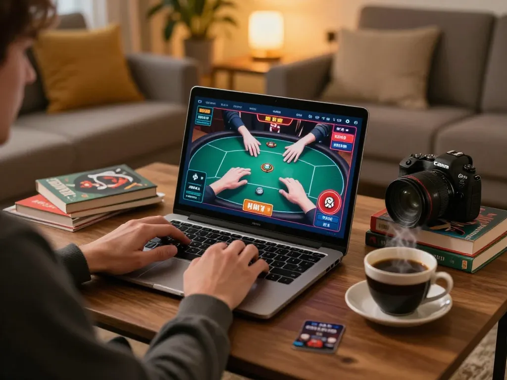 LGO GOAL poker analysis during online gaming session in a cozy living room.