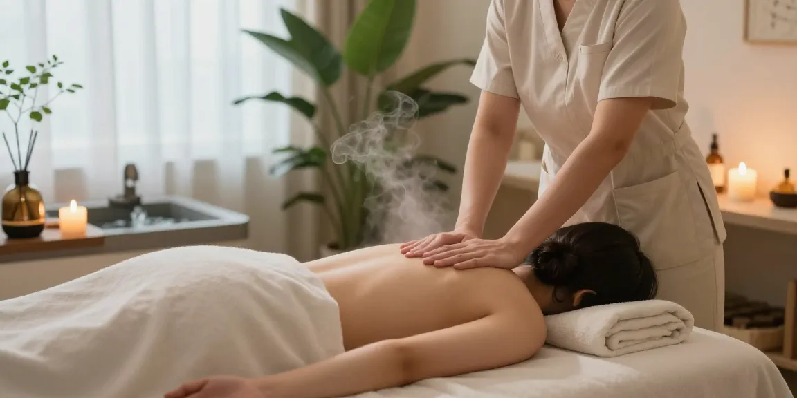 Relaxing 안양출장안마 therapy scene in a tranquil spa with candles and soothing ambience.