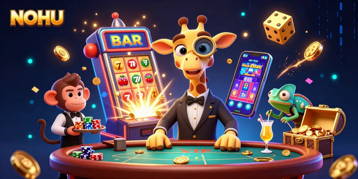 Experience excitement with NOHU as a high-roller giraffe enjoys a VIP casino scene surrounded by vibrant slot elements.