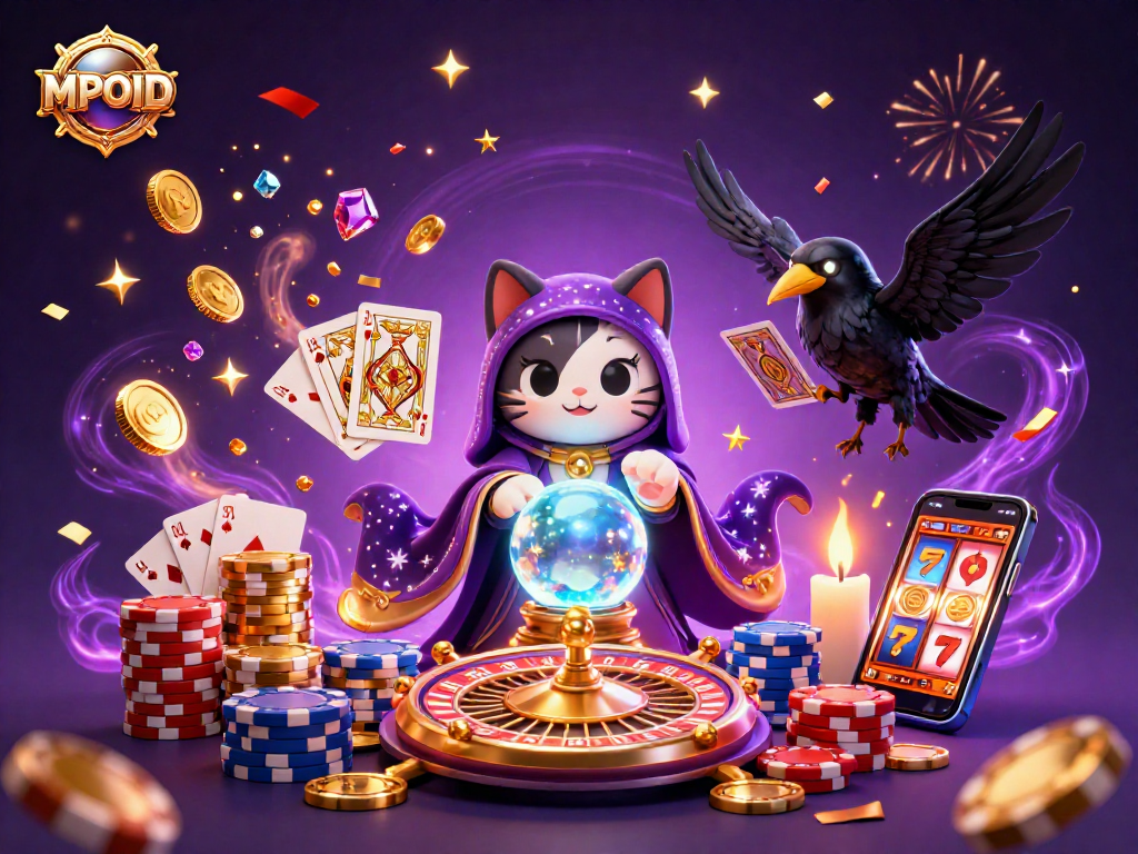 MPOID's vibrant 3D casino scene showcases fortune teller elements, roulette, and confetti enhancing the gaming experience.