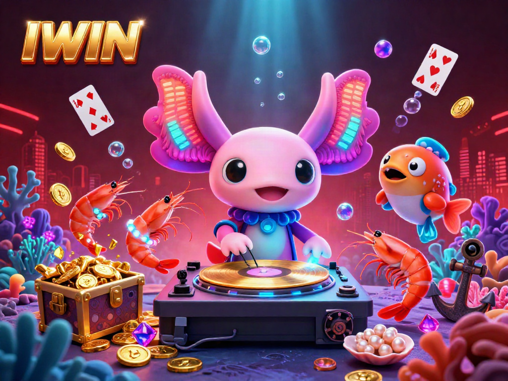 IWIN showcasing vibrant 3D casino characters with underwater elements celebrating wins