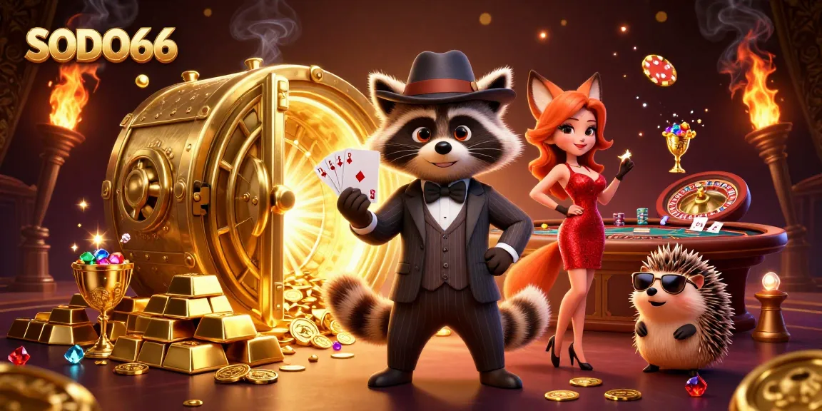 SODO66 offers an exceptional gaming experience with a raccoon dealer, lively companions, gold treasures, and vibrant casino elements.