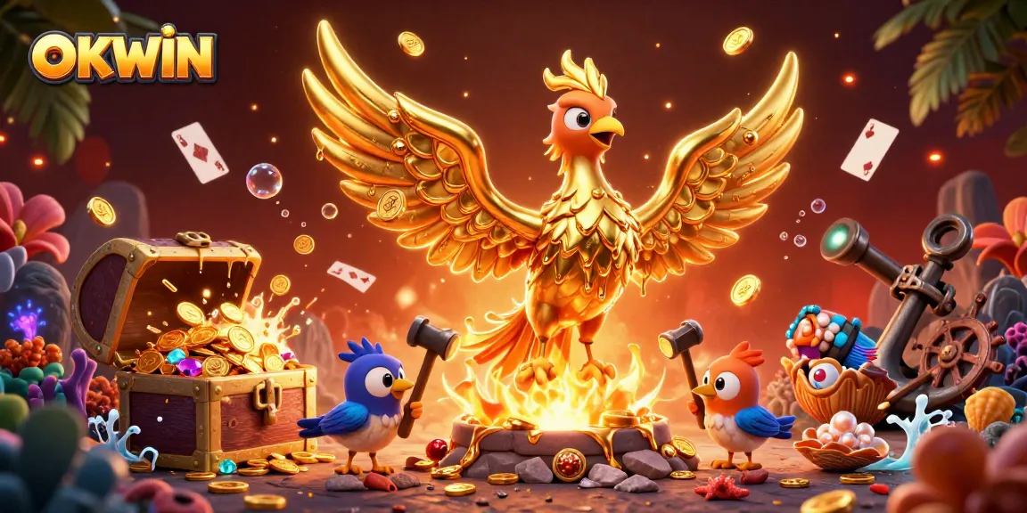 Experience OKWIN's dynamic gaming realm with molten golden phoenix, treasure, and vibrant gaming elements.