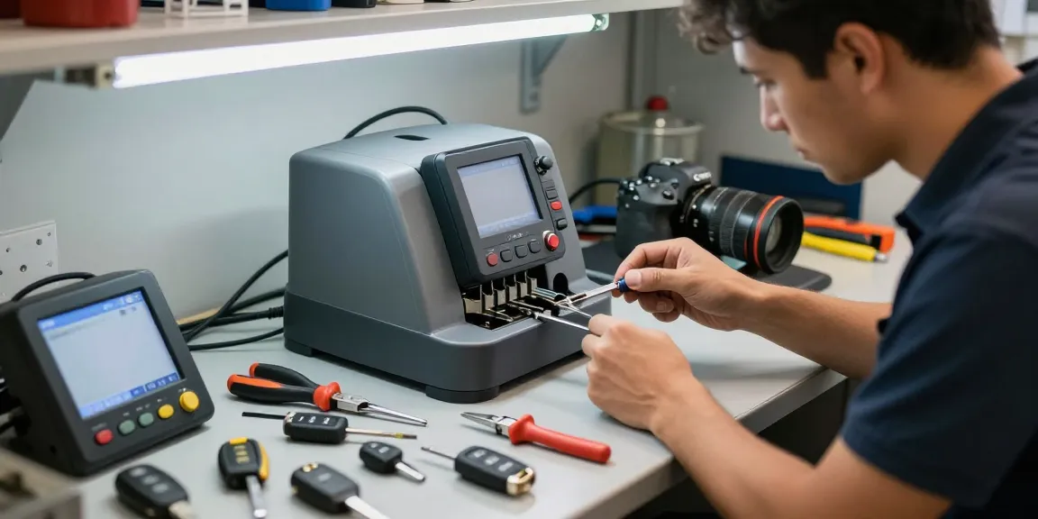 Car key replacement Raleigh - technician expertly cutting car keys in a modern automotive locksmith garage.