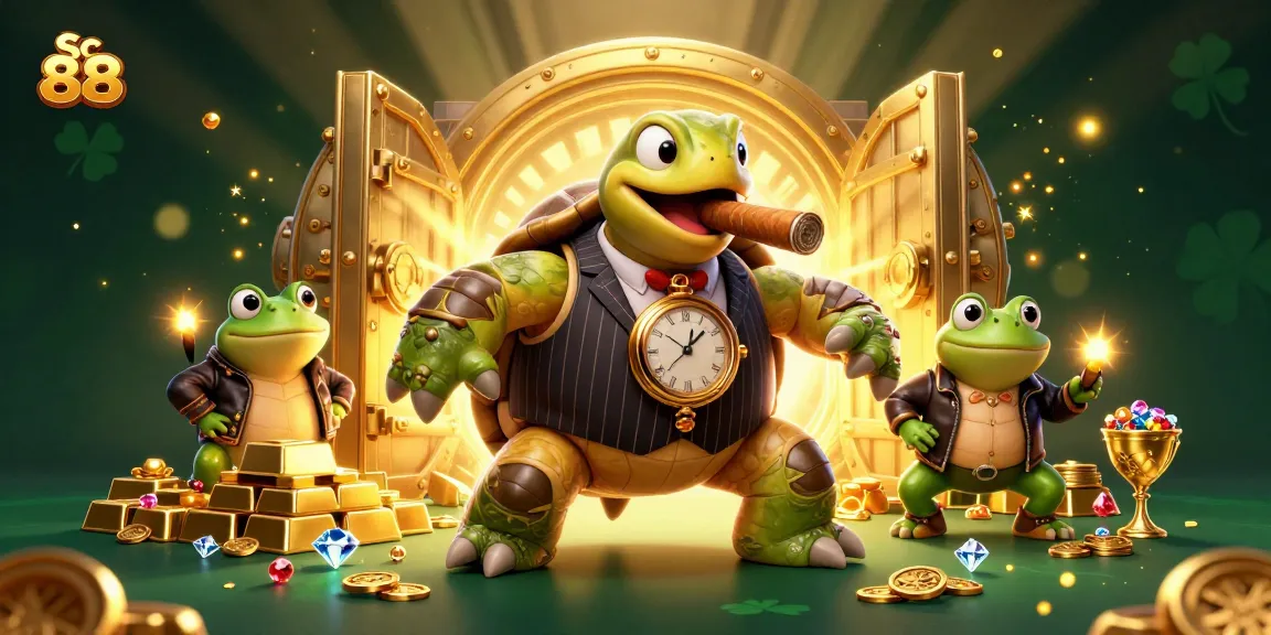 Exciting Sc 88 gambling scene featuring a turtle in a mobster suit among gold treasures and enforcers.