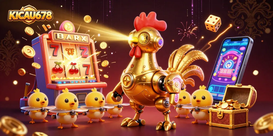 KICAU678 showcases a vibrant 3D illustration of a golden rooster robot amidst a bustling casino scene with jackpot symbols.
