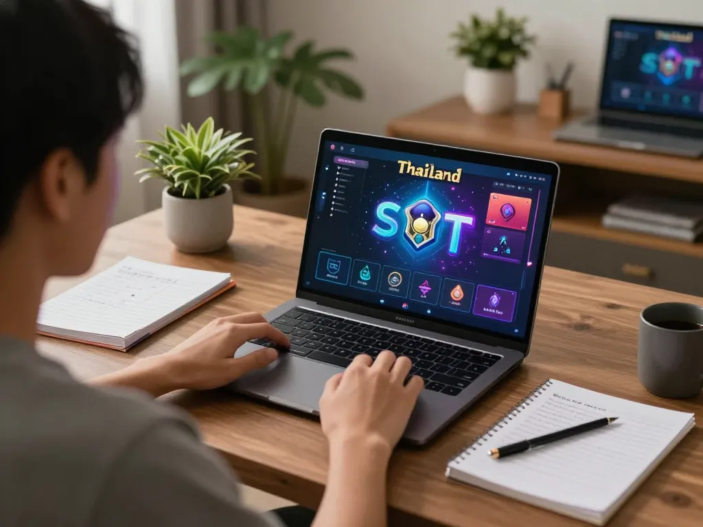 Engaging in Slot Thailand on a laptop in a cozy home setting, showcasing focused gaming strategy and atmosphere.