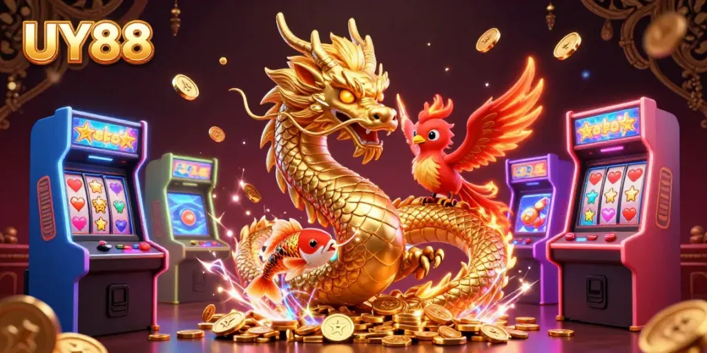 Experience the thrill of UY88 casino with vibrant gaming elements, dragons, and coins.