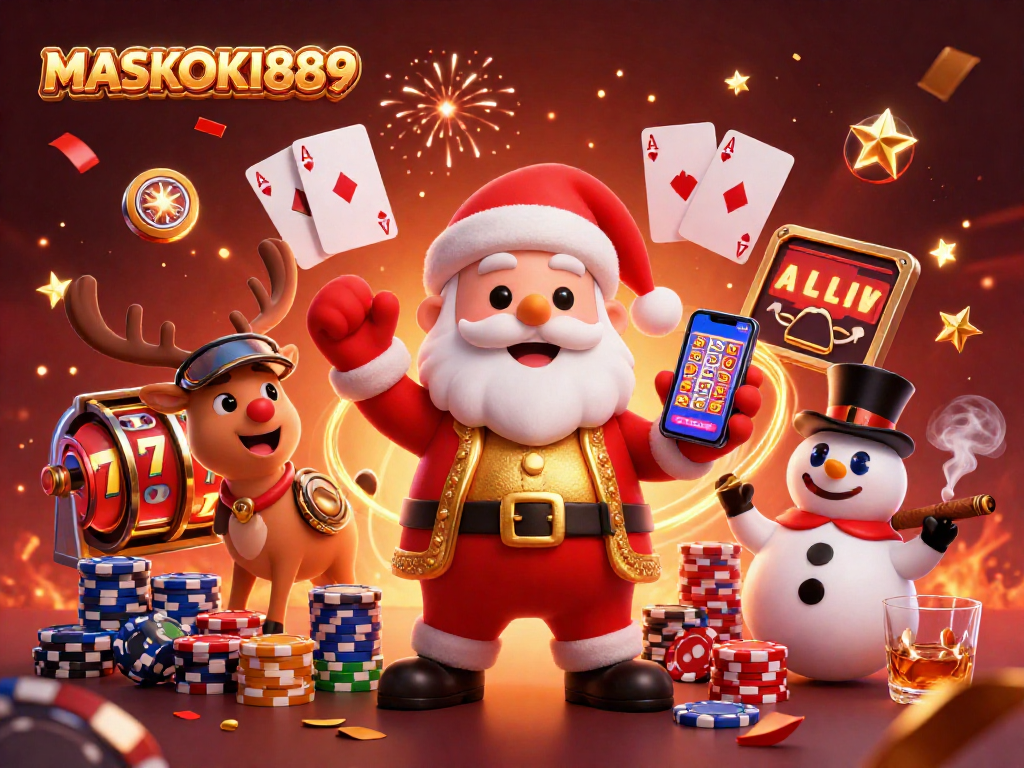 Try your luck with MASKOKI889 in this vibrant casino scene featuring festive characters and slot action.