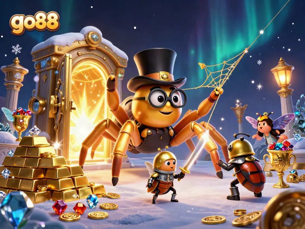 Khám phá trò chơi go88 giữa bầy nhện vàng và hiệp sĩ bọ hung trong không gian casino.