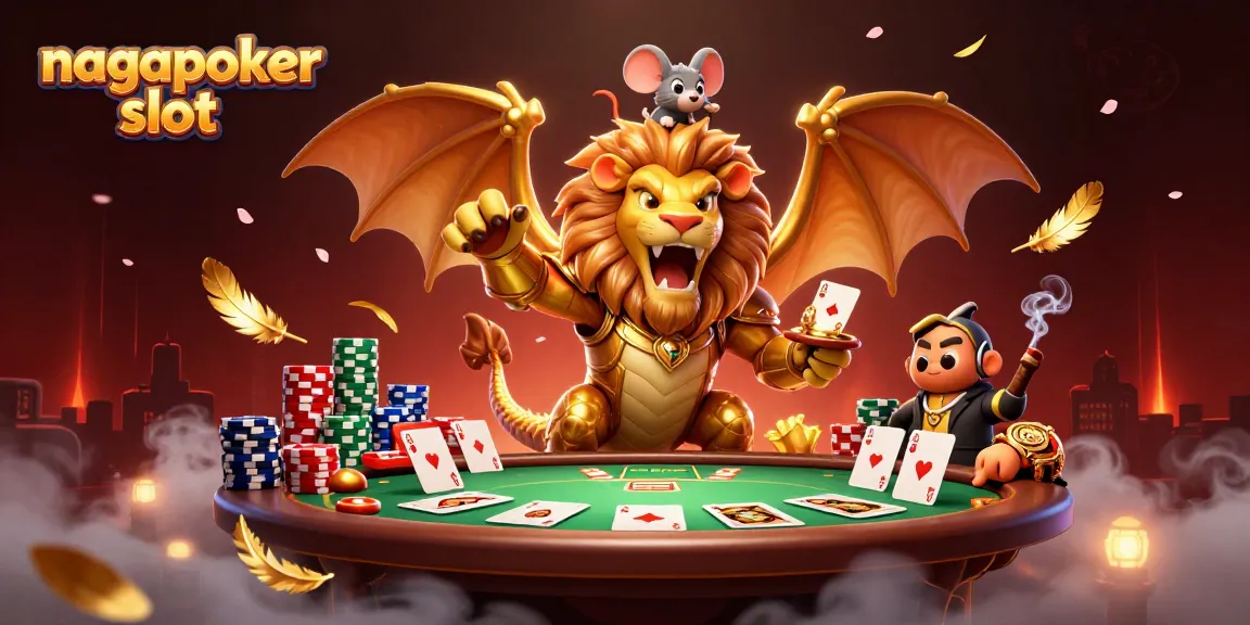 Experience the excitement of nagapoker slot with a fantastical scene of triumph and vibrant game elements.