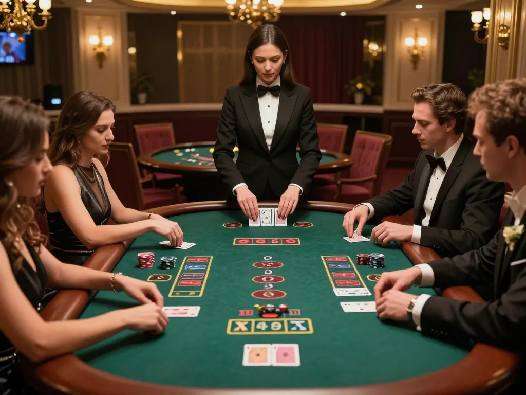 Fun88 players engaged in exciting blackjack gameplay at a luxurious casino table with focused dealer and cards.