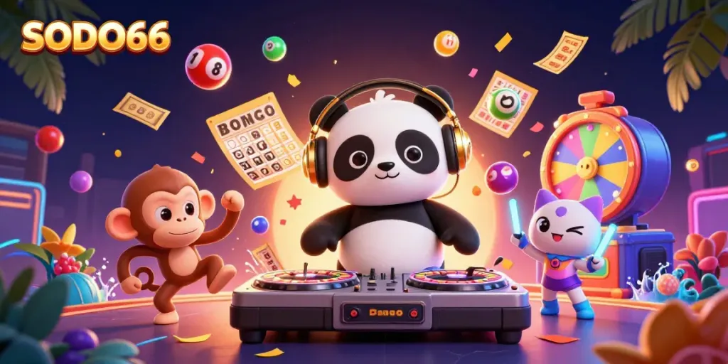 Experience thrilling games at SODO66 with a vibrant 3D illustration of a DJ panda and a dancing monkey.