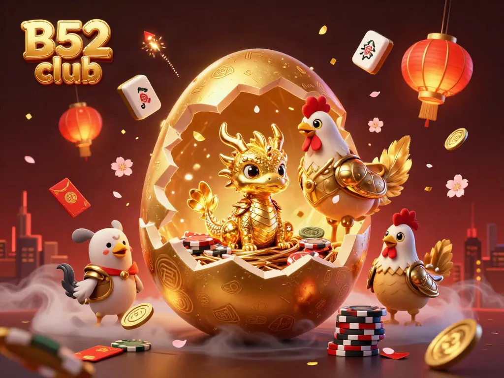 Engage with the dynamic scene of B52 club featuring a golden dragon, poker chips, and vibrant casino elements.