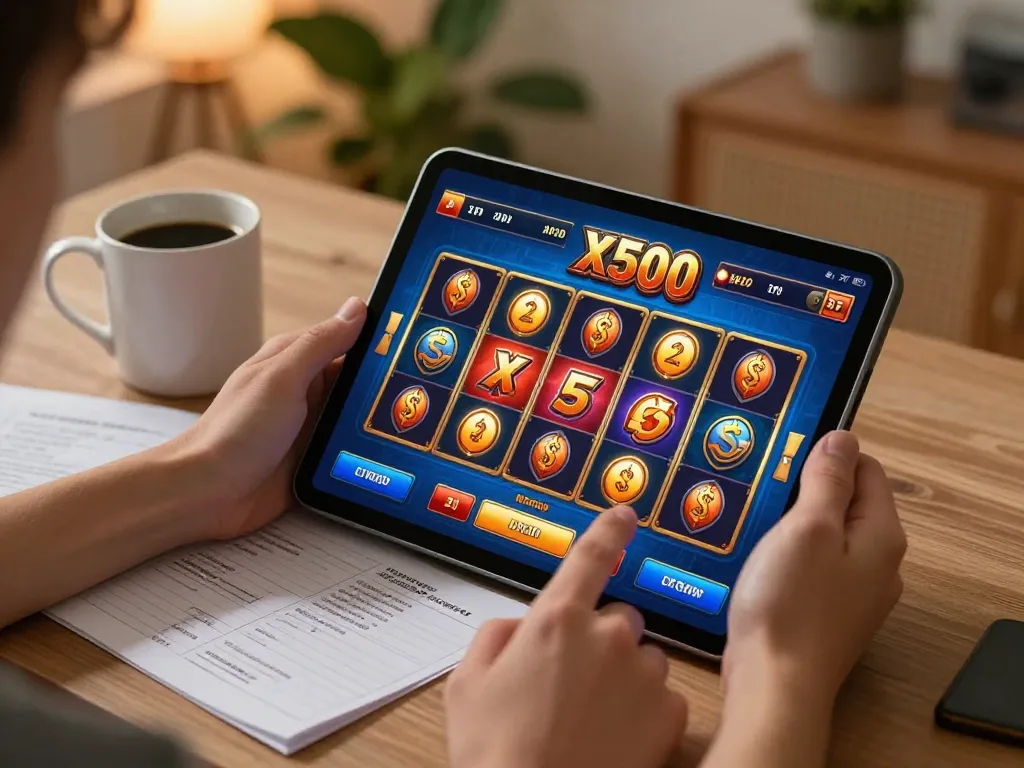 Engaging with Slot x500 game on tablet in a cozy home setup, emphasizing strategic online play