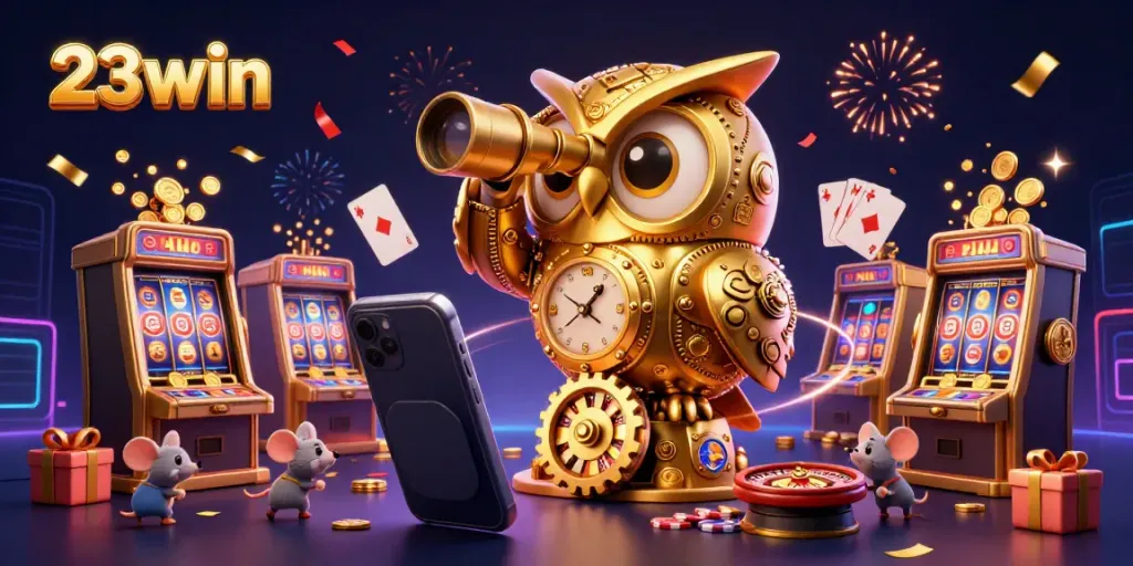 Experience the thrill of 23win in this vibrant casino scene with a golden owl and mouse patrons.