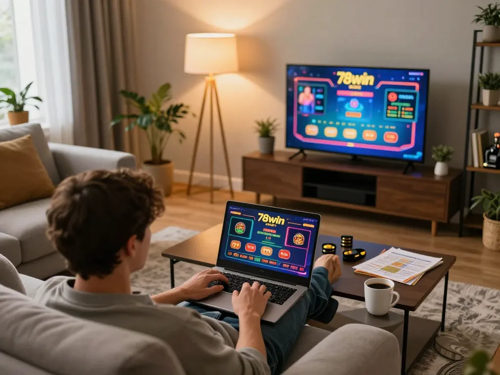 Player enjoying 78win online casino games on a cozy couch, showcasing a comfortable gaming atmosphere.