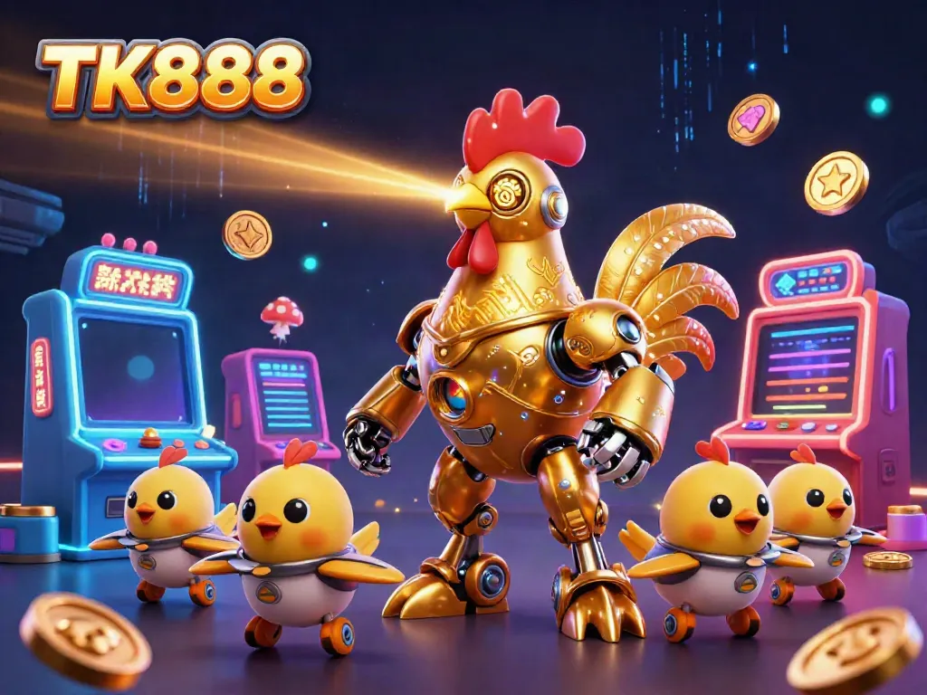 Engage in exhilarating gameplay at TK888 with vibrant 3D casino elements featuring a golden rooster and baby chick drones.