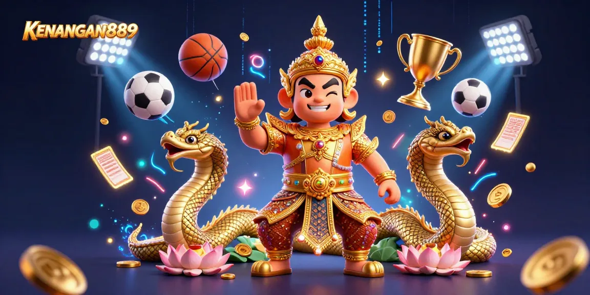 Experience thrilling action with KENANGAN889 in this vibrant 3D casino scene filled with dynamic gaming elements.