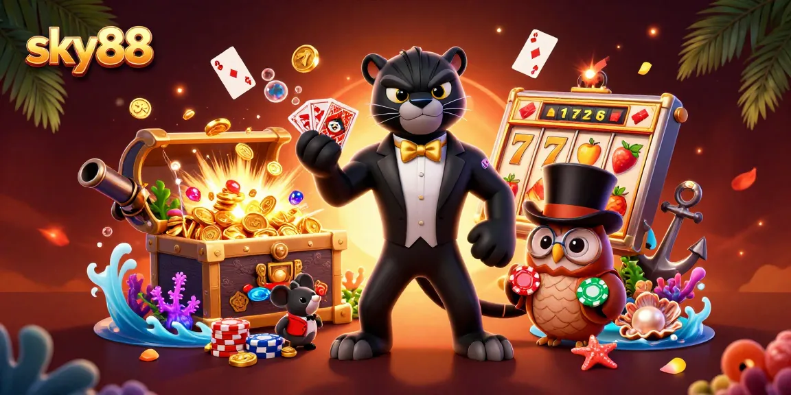 Experience the joy of winning with sky88 as a stylish panther deals cards amidst vibrant casino treasures.