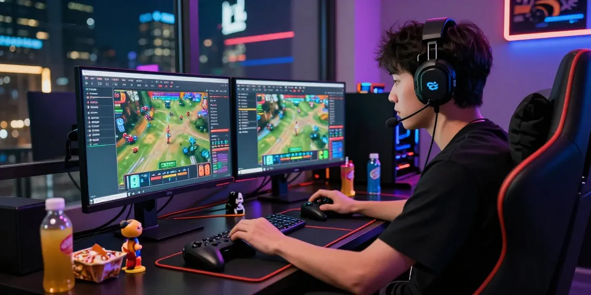 LUCK8 gaming platform live betting scene with player focused on monitors in vibrant gaming room.